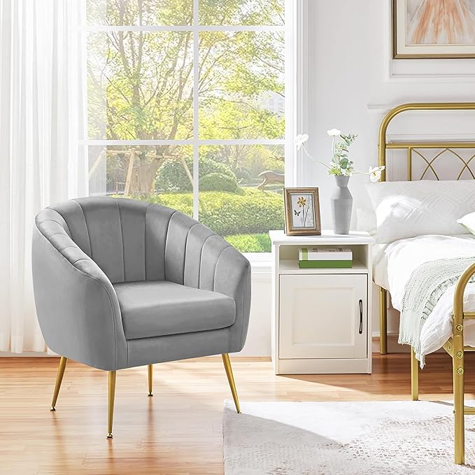 Yaheetech Modern Vanity Chair, Velvet Soft Accent Chair with Gold Metal Legs, Tufted Armchair Chaise Lounge for Living Room/Bedroom, Gray