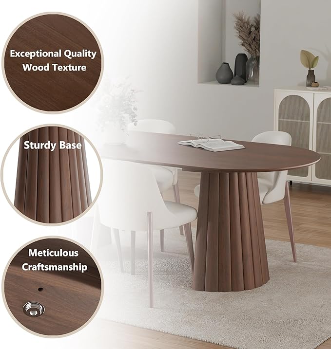 Casaphoria 79" Oval Dining Table, Modern Wood Kitchen Table with Cone Shaped Stripe Convex Base for Living Room & Dining Room, Easy Assembly Farmhouse Furniture for 6-8, Walnut