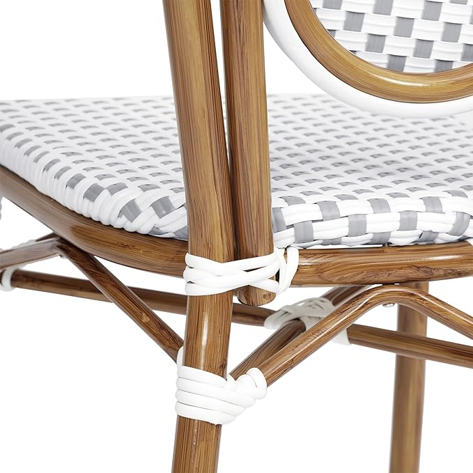 Flash Furniture Lourdes Indoor/Outdoor Commercial Thonet Bistro Stack Chair - White/Gray PE Rattan Back and Seat - Natural Bamboo Print Metal Frame - Set of 2