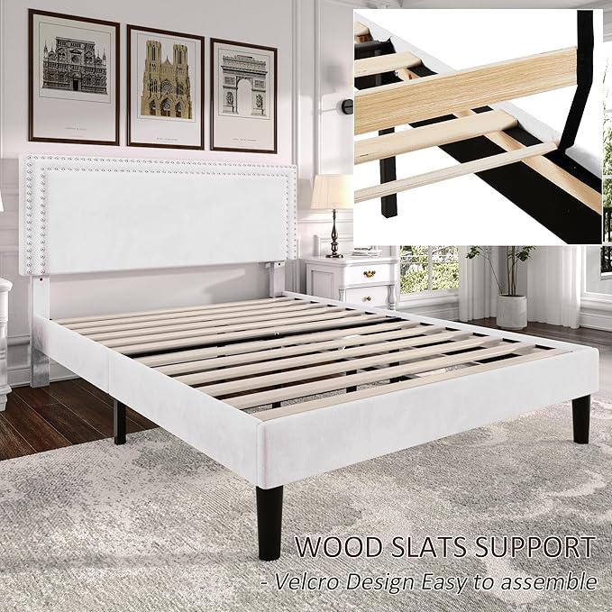 VECELO Queen Bed Frame with Adjustable Upholstered Headboard, Wooden Slats Platform, Noise-Free Design, Easy Assembly