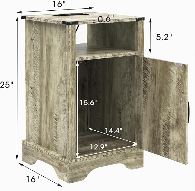 RoyalCraft Set of 1 Farmhouse Nightstand, Grey End Table with Charging Station, Tall Bedside Table with Large Storage Room and Shelf, Wooden Rustic Side Table for Bedroom, Home Office, Light Grey