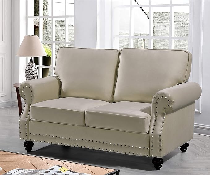 Container Furniture Direct Lotus Mid Century Modern Velvet Upholstered Living Room Rolled Arms, Sofa and Loveseat, Ivory