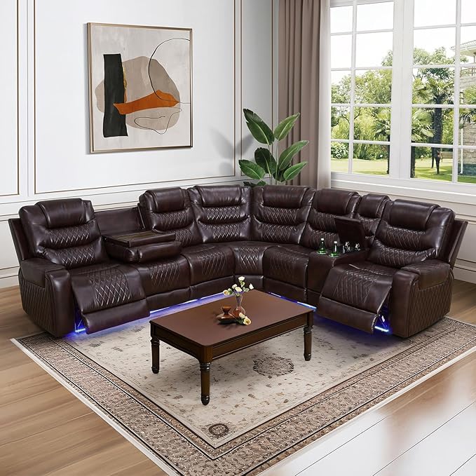Power Reclining Sectional Sofa Set with LED Lights, Vegan Leather Brown Recliner Sectional Couch for Living Room Furniture Sets, USB Charging/Storage Console/Cup Holders,Brown