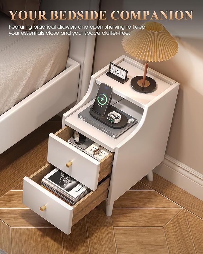 Narrow Nightstand with Drawers, 11.8" Slim Solid Wood Bedside Table with Open Shelf & Cable Hole, Modern Storage Cabinet for Small Spaces, Side Table for Bedroom & Living Room, White