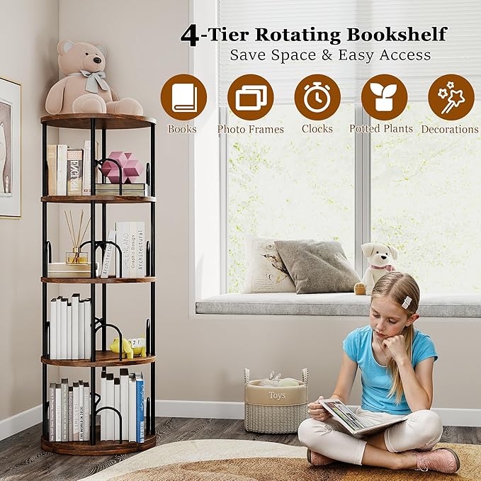 4 Tier Rotating Bookshelf, 360 ° Display Corner Book Shelf, Stackable Spinning Bookshelf Tower, Narrow Tall Revolving Bookcase, Round Swivel Storage Organizer (Black, 4 Tiers)