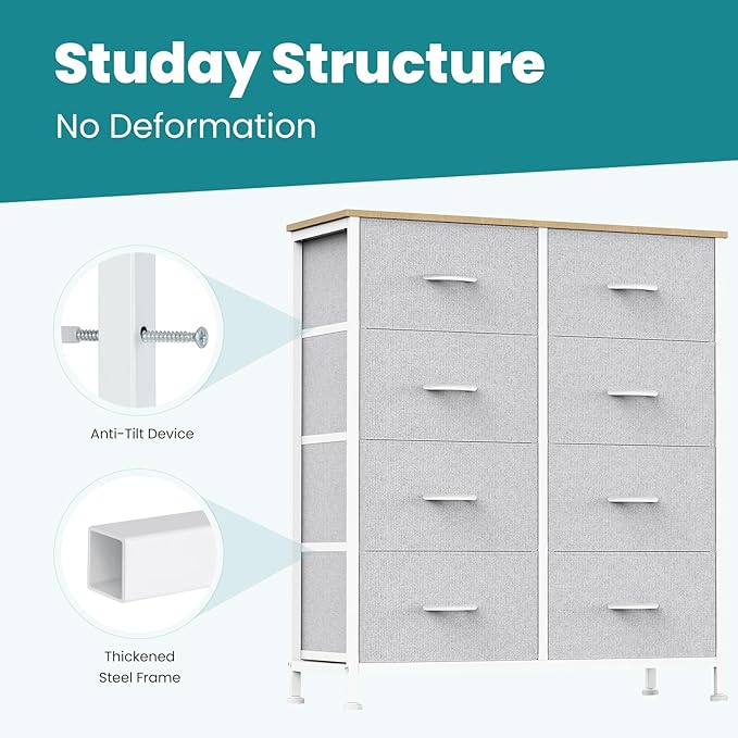 OLIXIS Fabric Dresser Storage Tower 8 Drawer Organizer with Wooden Top and Metal Frame for Bedroom Living Room Closet Entryway, Light Grey