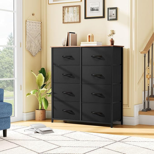 DWVO Dresser with 8 Drawers - Fabric Storage Tower, Organizer Unit for Bedroom, Hallway, Closets - Sturdy Steel Frame, Wooden Top & Easy Pull Fabric Bins (Burlywood Grain)