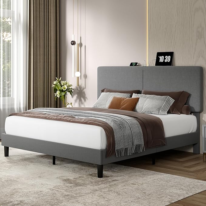 VECELO Full Bed Frame with Type-C & USB Ports, Upholstered Platform Height-Adjustable Cotton and Linen Headboard, No Box Spring Needed, Noise-Free, Easy Assembly, Dark Grey