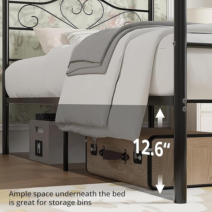 VECELO Twin Canopy Bed Frame with Headboard and Footboard, Metal Four Posters Design, Mattress Foundation Platform with Steel Slats Support, Underbed Storage Space, No Box Spring Needed, Black