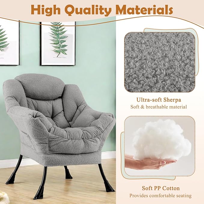 GORELAX Modern Lazy Chair,Upholstered Lounge Accent Chair, Single Leisure Sofa Chair with Armrests & Side Pocket, Comfy Reading Chair for Bedroom, Living Room, Dorm Room (Plush Grey)