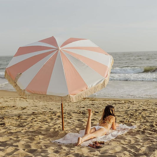 BEACH STATE Summerland 6.5 Feet Beach Umbrella with Fringe - Patio Umbrella - Outdoor Umbrella - UV50+ Sun Protection