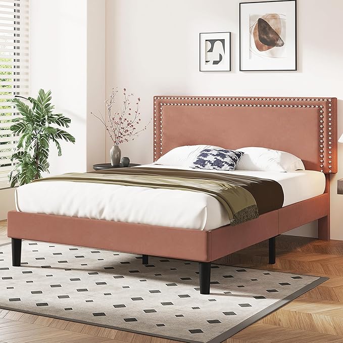 VECELO Queen Size Bed Frame with Adjustable Upholstered Headboard, Wooden Slats Platform, Noise-Free Design, Easy Assembly