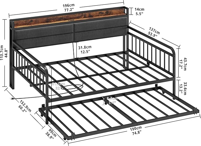 LIKIMIO Daybed with Trundle, Sturdy Metal Full Size Bed Frame with Upholstered Headboard and Charging Station for Living Room, Bedroom and Guest Room, Black