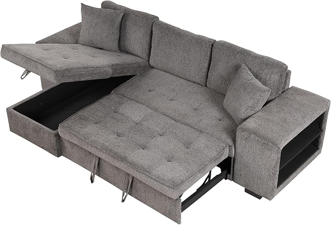 Merax Pull Out Sleeper Sofa with Storage Chaise and 2 Stools for Living Room, Modern L-Shape 3 Seat Reversible Sectional Couch