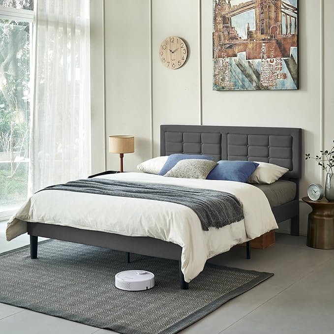 VECELO Queen Size Bed Frame with Adjustable Headboard, Upholstered Button Tufted Platform Bedframe with Wood Slats Support, No Box Spring Needed, Linen Fabric & Grey