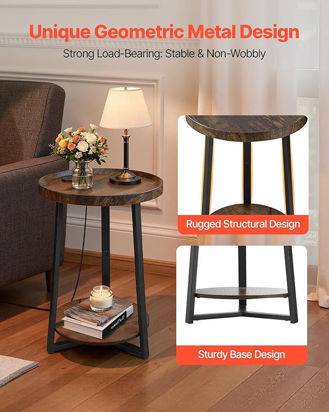 VEVOR Round Side Table with Charging Station, 15.7" Metal Round End Table with Storage Shelves, 4.9ft Power Cord, Modern Nightstand for Bedroom, Living Room, Office – Brown