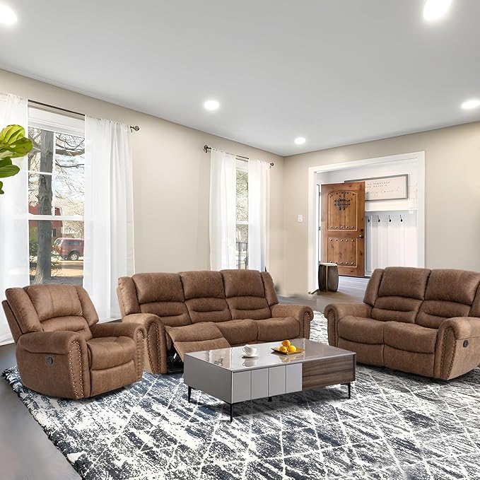 EBELLO Faux Leather Manual Recliner Chair, Classic Single Reclining Chair with Comfortable Armrest and Backrest, Furniture for Living Room, Bedroom, Brown