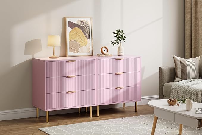 IDEALHOUSE Pink Dresser, Modern 3 Drawer Dresser for Bedroom with Gold Handle and Large Drawer, Wood Double Chest of Drawers and Storage Organizer for Living Room, Hallway, Entryway