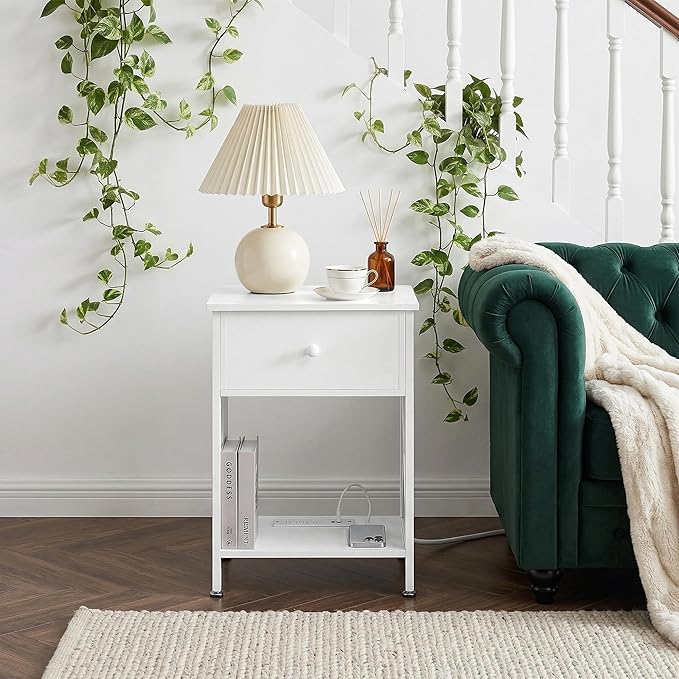 VECELO End Table with Charging Station, Night Stand with Drawers, 2-Tier Bedside Tables with USB Ports & Outlets, Side Table with Storage Shelf for Living Room/Bedroom, White