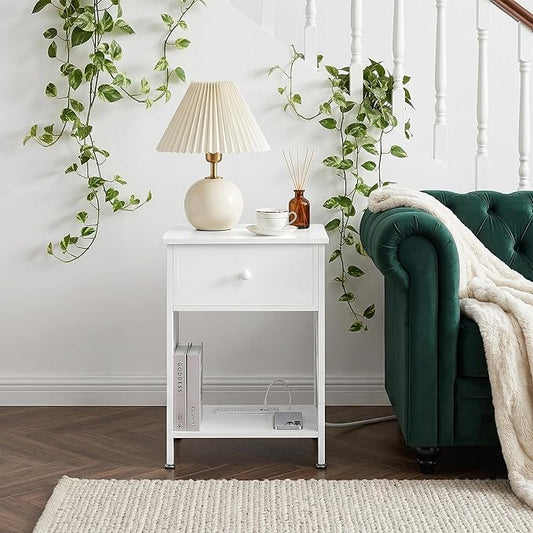 VECELO End Table with Charging Station, Night Stand with Drawers, 2-Tier Bedside Tables with USB Ports & Outlets, Side Table with Storage Shelf for Living Room/Bedroom, White