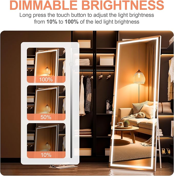 79" x 36" Full Length Mirror with Lights, LED Lighted Floor Standing Body Mirror, Dimmable & 3 Color Lighting for Bedroom, Cloakroom, Dressing Room, Tempered Glass, White Frame