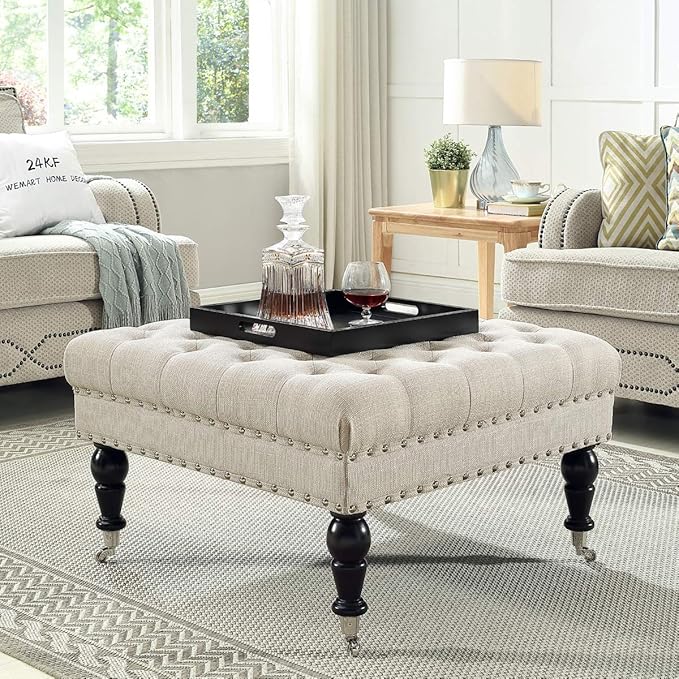 24KF Large Square Upholstered Tufted Button Linen Ottoman Coffee Table, Large Footrest Bench with Casters Rolling Wheels-Ivory