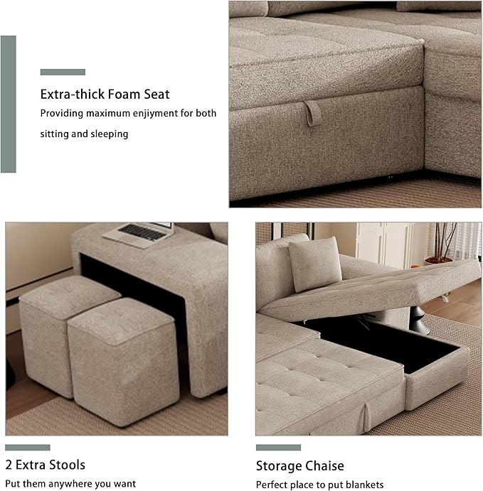 Merax 3 Seat Reversible Sectional Couch, Modern L-Shape Pull Out Sleeper Sofa with Storage Chaise and 2 Stools for Living Room Furniture Set, Cream