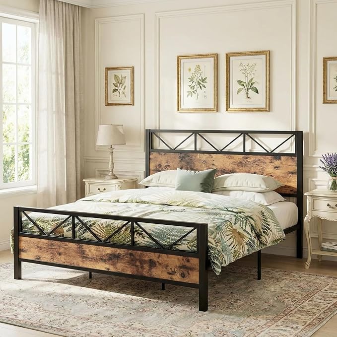 LIKIMIO California King Bed Frame, Tall Industrial Headboard 51.1 ", Platform Bed Frame with Strong Metal Support, Solid and Stable, Noise Free, No Box Spring Needed, Easy Assembly, Vintage Brown