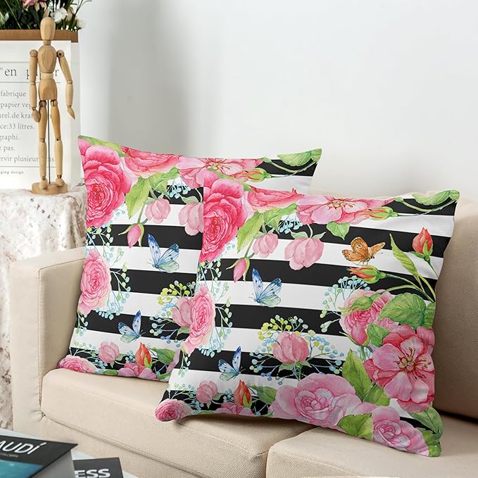 Spring Summer Pillow Covers 16x16 Set of 2 Rose Throw Pillow Covers Butterfly Flowers Pillow Case Black Stripes Cotton Blend Cushion Case for Home Decor Couch Sofa