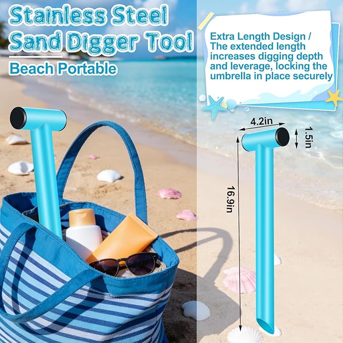 Stainless Steel Sand Digger Tool,T Bar Sand Gopher Tool Beach Umbrella Hole Maker for 15” Holes Heavy Duty Auger Alternative Necessary Beach Accessories