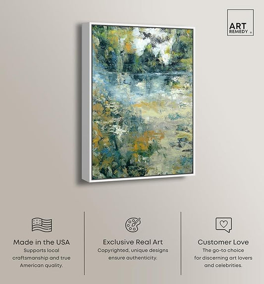 Art Remedy Green Moss Monet Garden Green Abstract Canvas Wall Art, White Floater Frame, 10"x15"