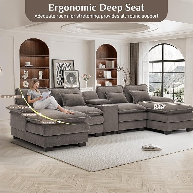 133" Oversized U Shaped Cloud Couch Modular Sectional Couches for Living Room Comfy Chenille Deep Seat Sofa Set with Double Chaise Lounge, Storage Central Console, Cup Holders, USB Port, Stone Grey