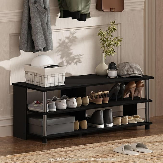 Furinno Turn-N-Tube Shoe Rack, 3-Tier Shoe Organizer, Compact Shoe Storage with Open Shelves and Stainless Steel Tubes, 15.5 x 41.1 x 15.8, for Closet Entryway, Office, Garage, Americano