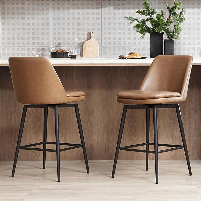 CHITA Swivel Bar Stools, 27.2" Counter Height Bar Stools Set of 2, FSC Certified Upholstered Modern Counter Stools, Metal Legs, Faux Leather, Saddle Brown