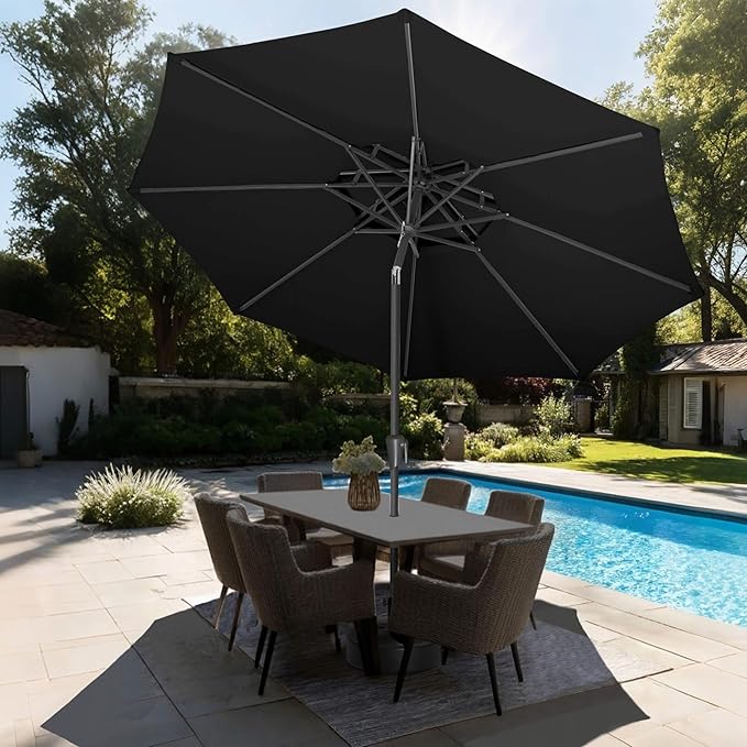9ft Outdoor Patio Umbrella - 2-Tier Table Umbrella Waterprool UV Protection, Sombrillas de Patio with Push Button Tilt, Sun Umbrella for Pool, Porch, Garden, Backyard (Black)
