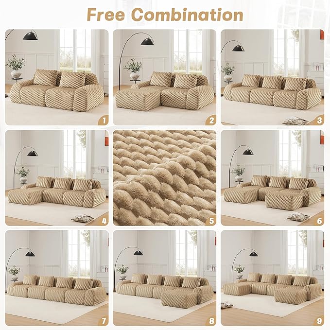 KEIKI 81.9" Loveseat Boneless Couches for Small Living Room, Modular Sectional Velvet Sofa with Ottoman, Soft Deep Seat Comfort Lounge Couch for Apartment Furniture, Chaise Lounge Indoor, Light Camel