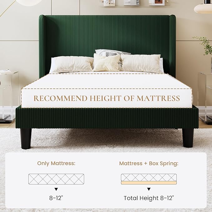 SHA CERLIN Full Size Corduroy Upholstered Platform Bed Frame with Vertical Channel Tufted Wingback Headboard, 8" Under Bed Storage, Wooden Slats & Metal Frame Support, Easy Assembly, Dark Green