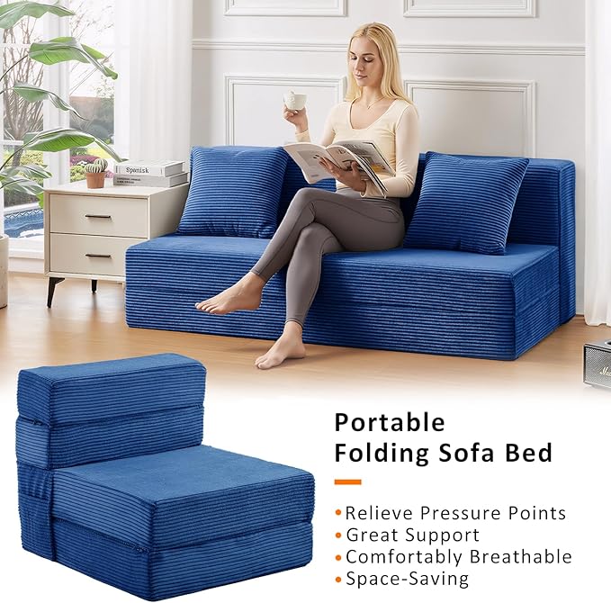 JKMAX Single Size Folding Sofa Bed - 4 in 1 Convertible Sleeper Chair - High Density Memory Foam Futon Couch - Foldable Bed for Living Room Bedroom (Blue)