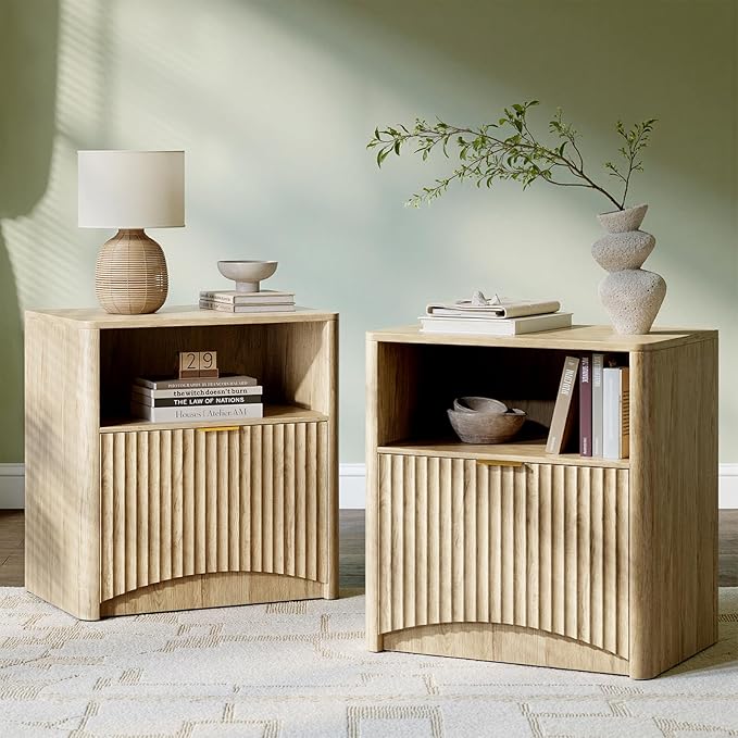 Evermagin Fluted Nightstand Set of 2, Natural Oak Bedside Table with Drawer and Storage, Wood End Table Mid Century Modern, Large Night Stand for Bedroom