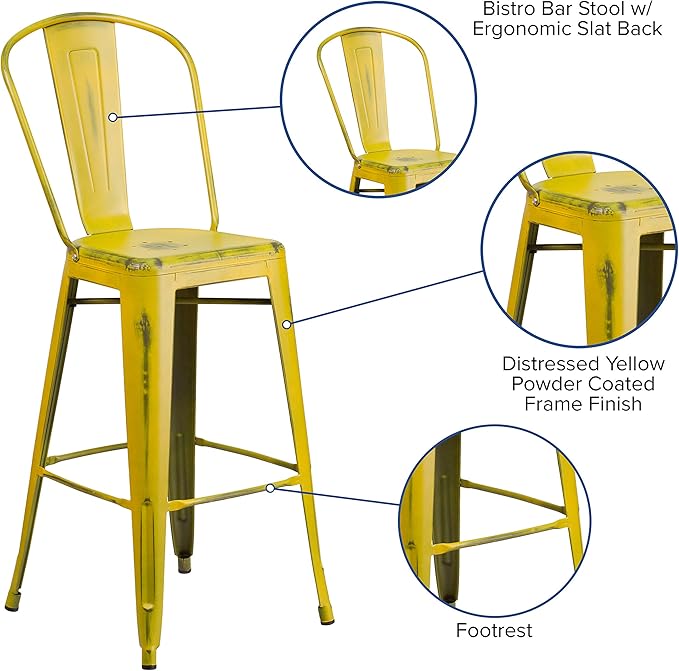 Flash Furniture Commercial Grade 30" High Distressed Yellow Metal Indoor-Outdoor Barstool with Back