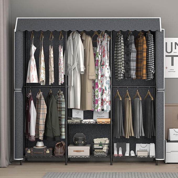 68 inch Heavy Duty Portable Closet Wardrobe Closet with Cover Large Storage Clothes Rack for Hanging Clothes Metal Armoire Wardrobe Closet Shelves Freestanding Clothing Racks for Bedroom Gray 660 LBS