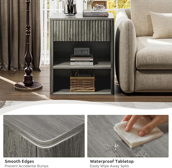 Nightstand Bedside Table Storage Drawer - Large Mid Century Modern Night Stand with Fluted Wood Storage Drawer and Open Shelf Bed Side Table for Living Room Study Room, Modern Gray, Set of 1