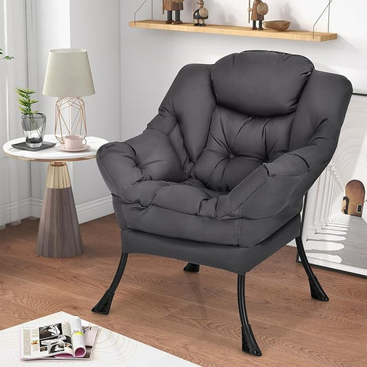 KOMFOTT Modern Accent Chair, Soft Upholstered Lazy Sofa with Side Pocket & Armrests, Single Sofa Armchair, Leisure Sofa Chair for Living Room, Bedroom, Gray