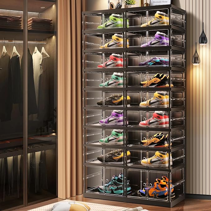 9-Tier Foldable Shoe Rack for Closet Entryway 18-36Pairs,Stackable Clear Shoe Storage Boxes Organizer with Door Plastic Shoe Cabinet Bins with Lids Shoes Shelf Easy Assembly Large Black