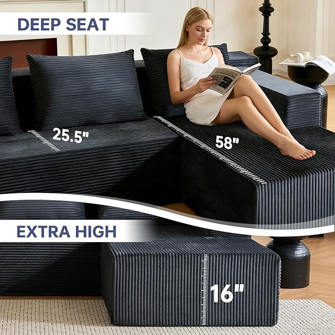 HonTop Modular Sectional Sofa L-Shape Couch, Upholstered Boneless Corduroy Fluffy Couch for Living Room, Deep Seat with Pillow Backrest, No Assembly Required (Grey, Right Facing Chaise) | Friendly Size, Flexible Modular, Family Pet-Friendly, Soft Cordu...