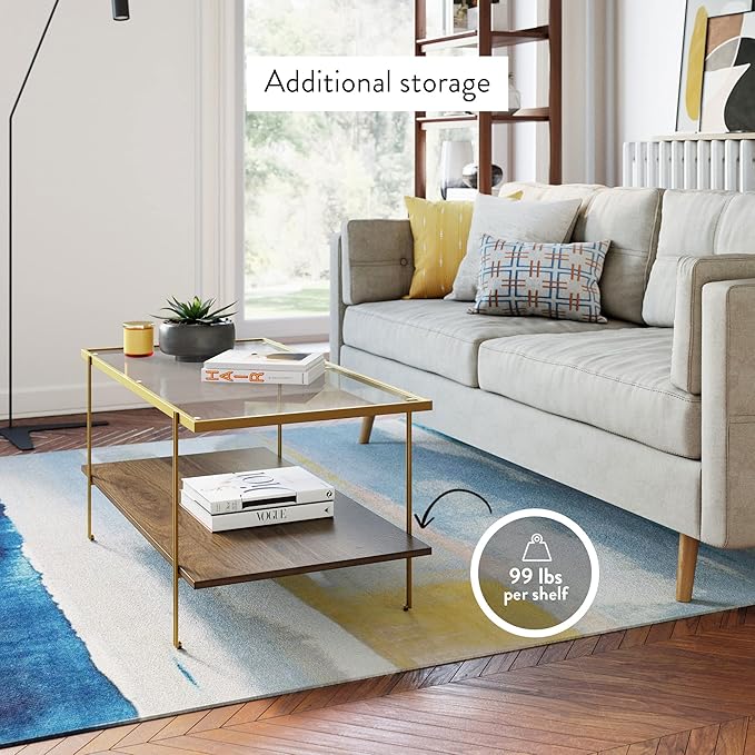 Nathan James Asher Mid-Century Rectangle Coffee Table Glass Top and Rustic Oak Storage Shelf with Sleek Brass Metal Legs, Gold