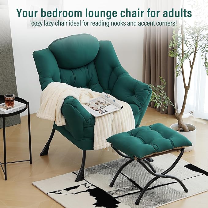 Lazy Chair with Ottoman, Modern Chair with Folding Footrest, Dark Green Accent Chair, Comfortable Reading Chair, Oversized Armchairs for Bedroom, Study, Living Room, Courtyard