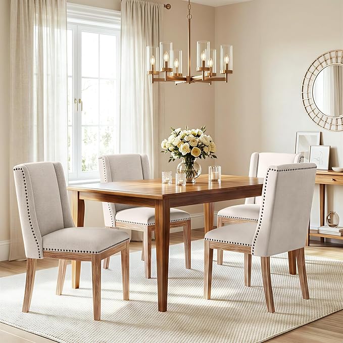 Dining Chair Set of 4, Upholstered Fabric Kitchen Side Chairs with Solid Wood Legs, Comfortable Seating for Kitchen, Dining Room & Restaurant, Camel
