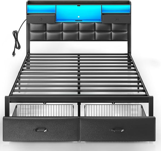 Rolanstar Bed Frame Queen Size with Drawers and Charging Station, Upholstered Platform Bed with Storage Headboard and LED Light, Heavy Duty Metal Frame Support, No Box Spring Needed, Noise Free, Black