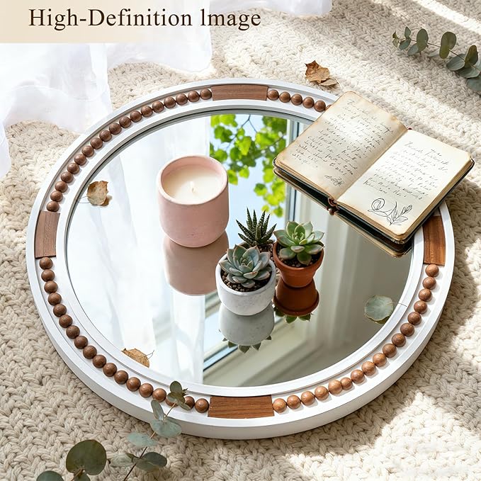 32 Inch Round Boho Wall Mirror, Large Rustic Coastal Wall Decor with White Wood Frame and Brown Bead Accents,Farmhouse Decorative Mirror for Entryway, Bedroom, Living Room
